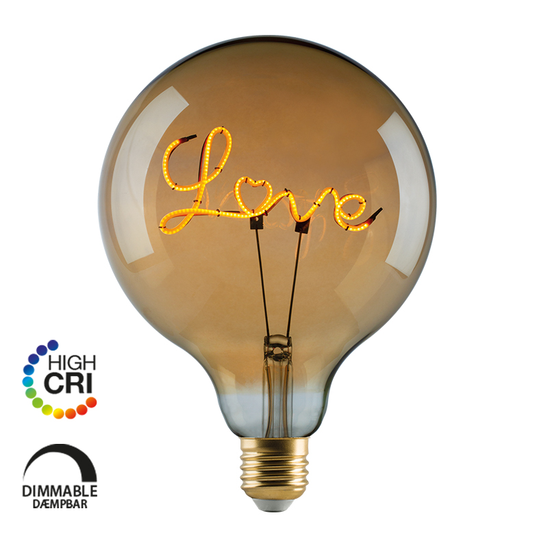 e3light LED Vintage G125 E27 "Love" - Base Down, 920, 140lm, Dimmable, Gylden
