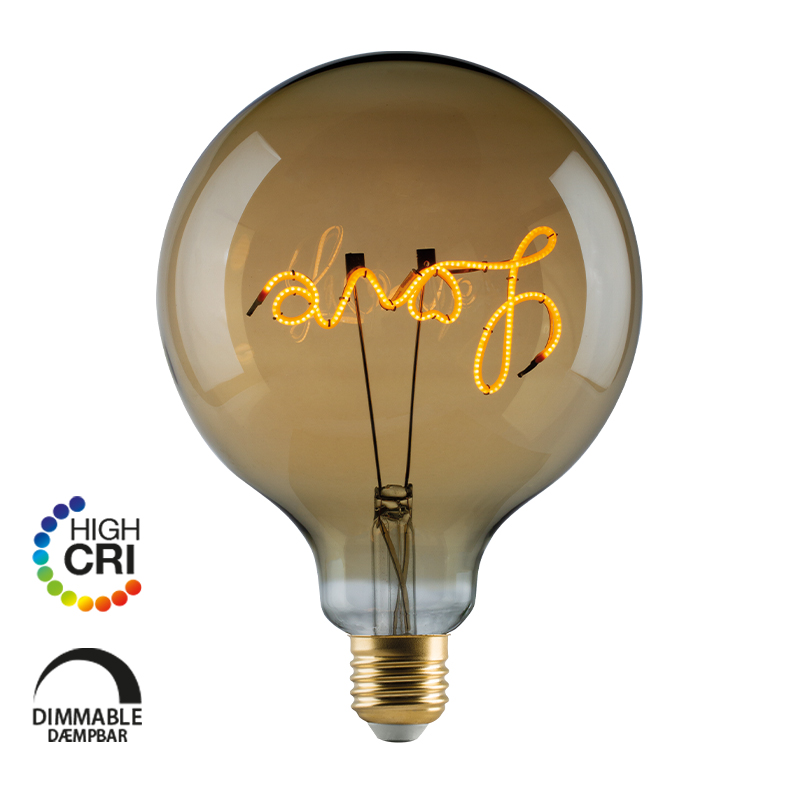 e3light LED Vintage G125 E27 "Love" - Base Up, 920, 140lm, Dimmable, Gylden